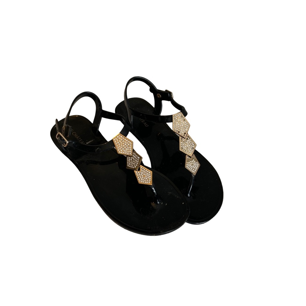 Le Chateau Black and Gold T-Strap Sandals